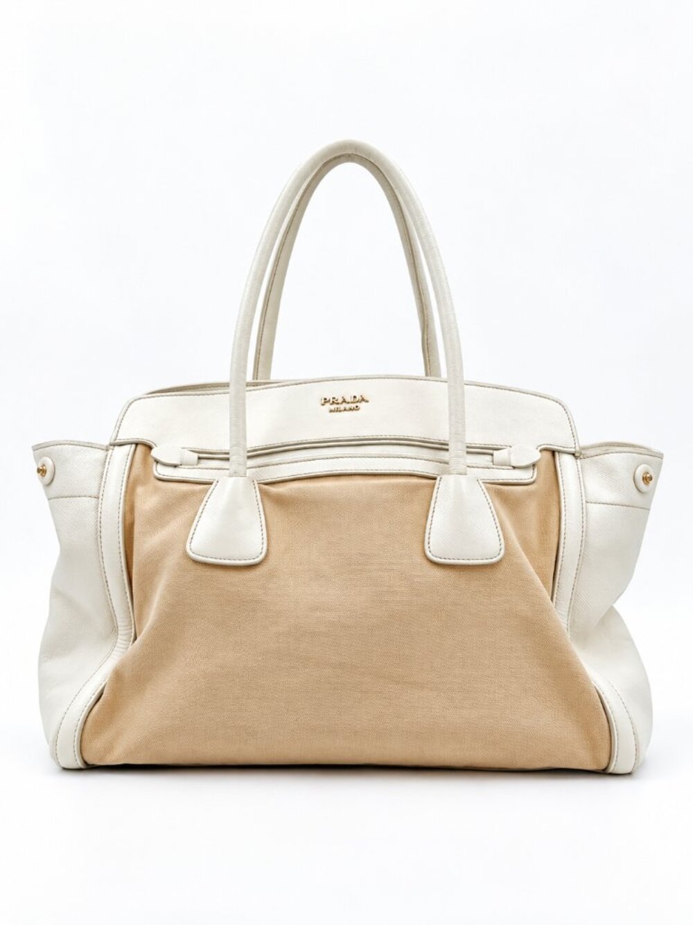 Prada Beige Canvas & White Leather Large Tote Shoulder Bag Gold Logo